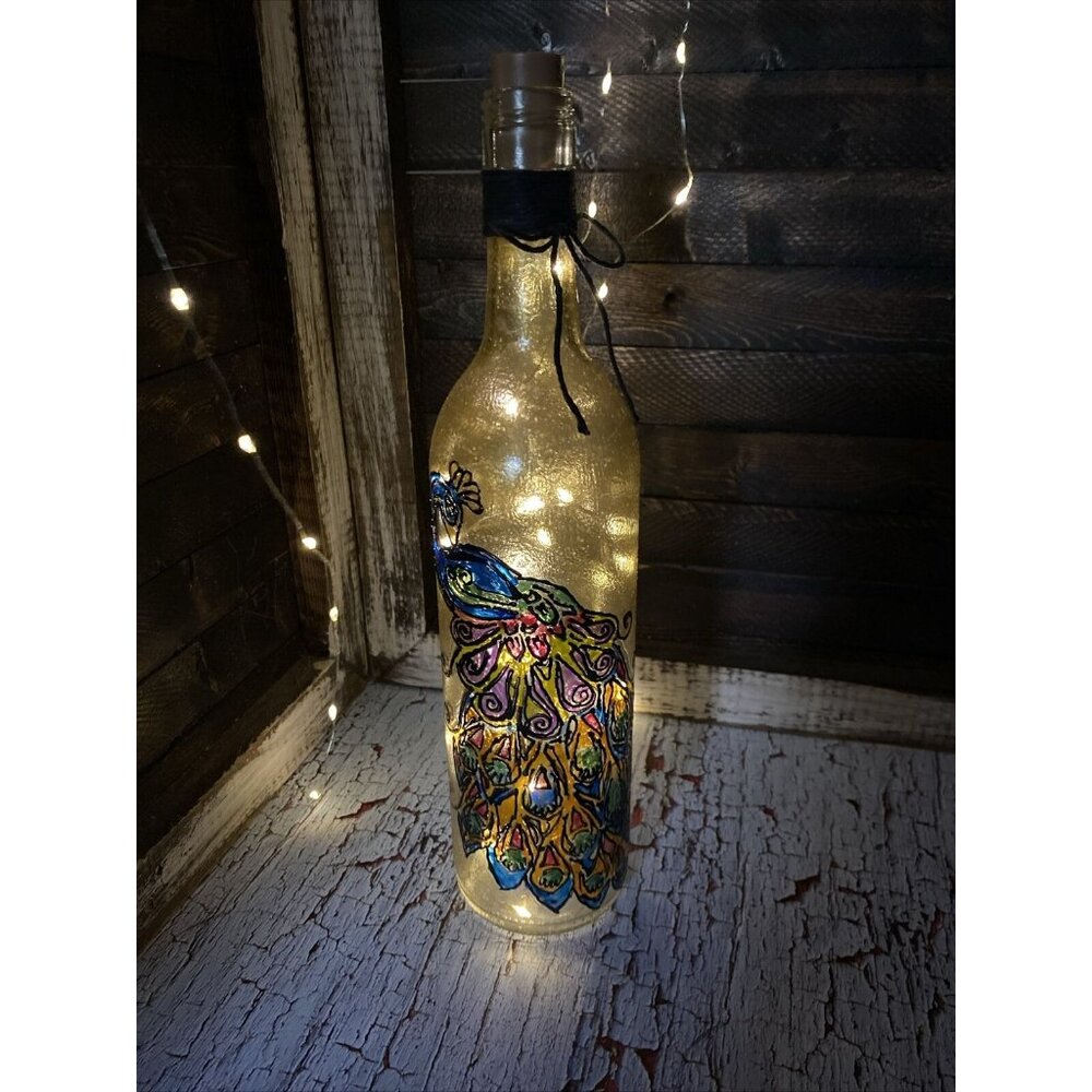 Peacock Stained Glass Look Lighted Wine Bottle Fairy Nightlight Decor